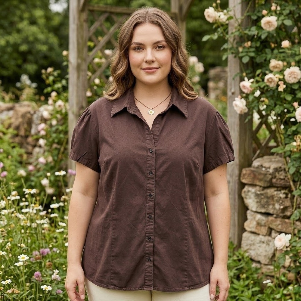 Fred David Shirt Womens 3X Brown Puff Sleeve Earth Tones Earthy Cotton Natural